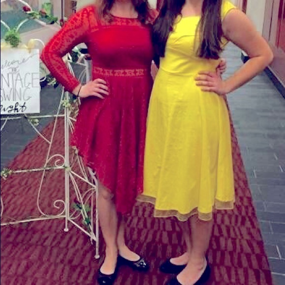 Red Long-Sleeve Lace Illusion Cut-Out Handkerchief Dress - Picture 2 of 2